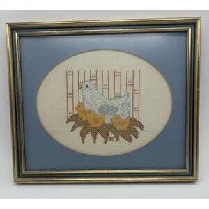 VTG Framed Cross Stitch Mother Duck Ducklings Cottagecore Farm Country Animals
